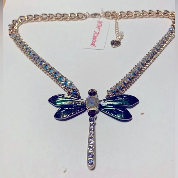BETSEY JOHNSON SET Hoop Dragonfly Earrings & Matching Necklace AB Crystals NWT - Picture 5 of 13